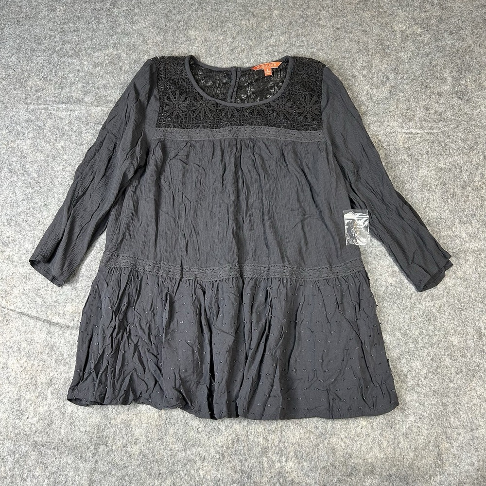 ModCloth Top Womens Small 3/4 Sleeve Lace Neckline & Trim Gray Flowy Blouse